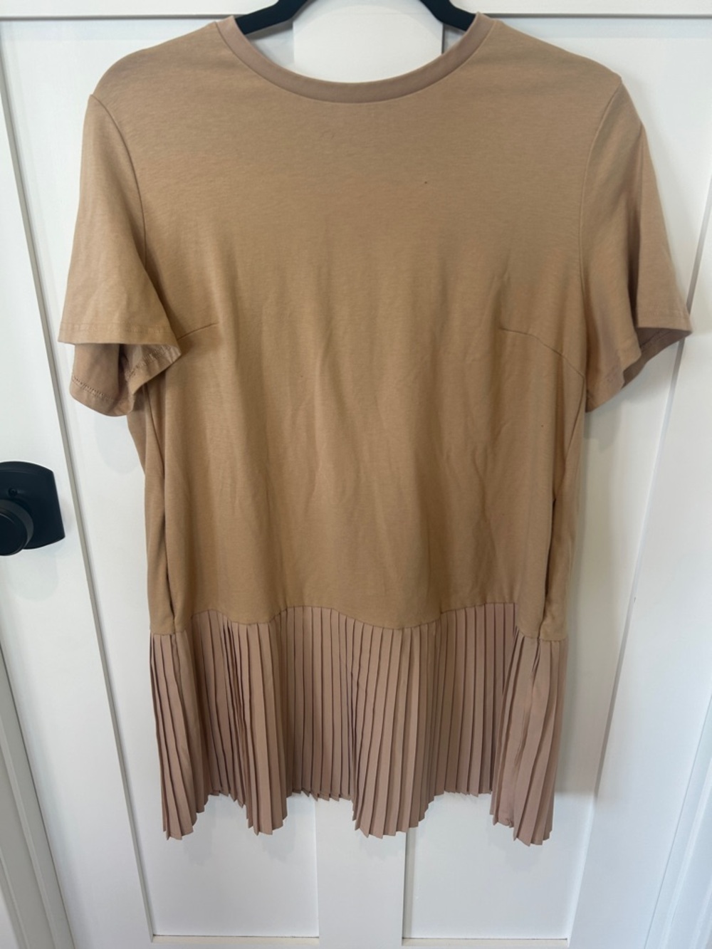 Exclura| TanDress with Pleated Hem Short Sleeve Tunic Dress (Large)